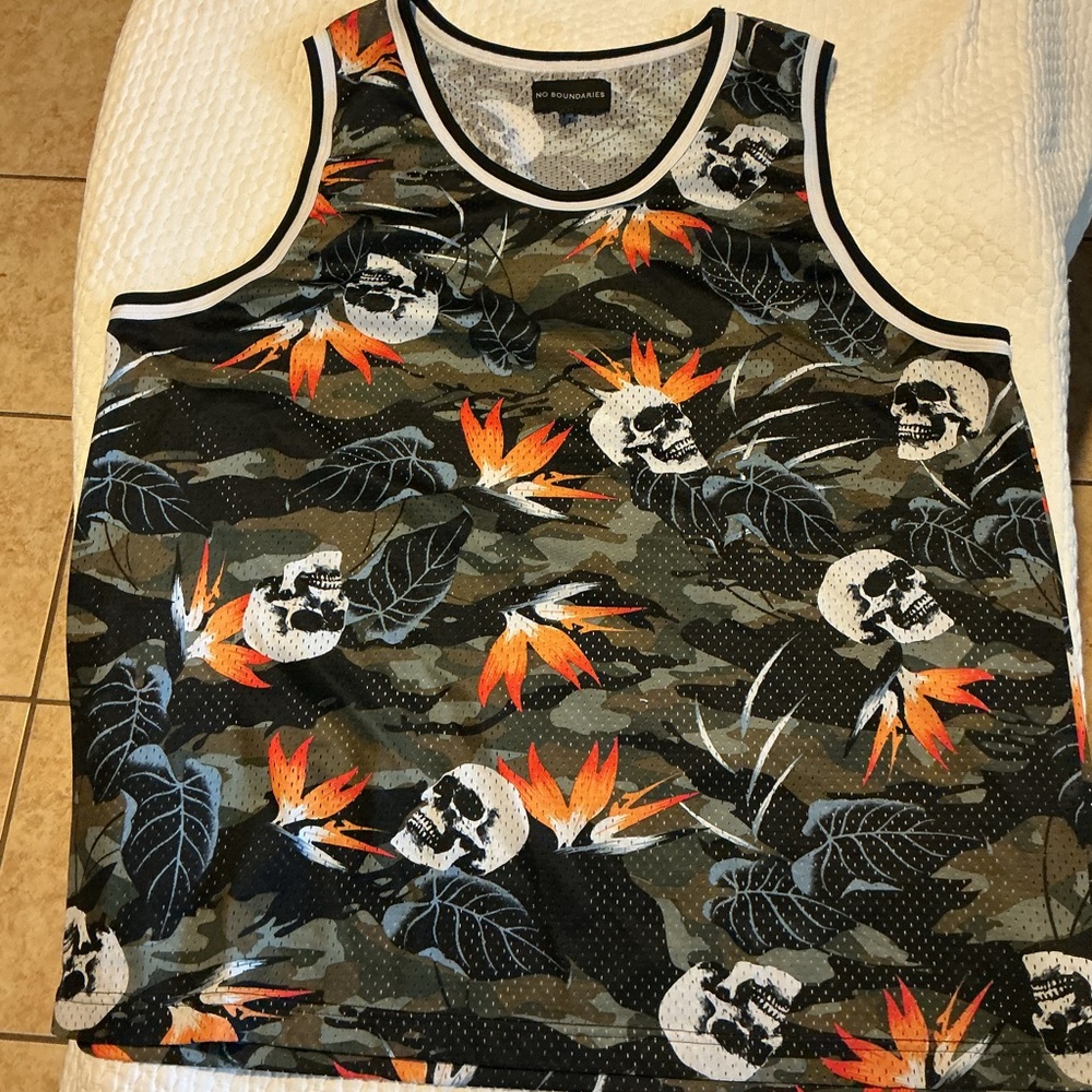 No Boundaries Men's Olive Camo Tank Top with Orange Floral & Skull Motif